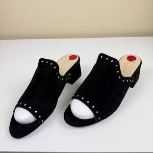 NEW Bettye Muller Fabian Studded Black Suede Mules Stack Heel